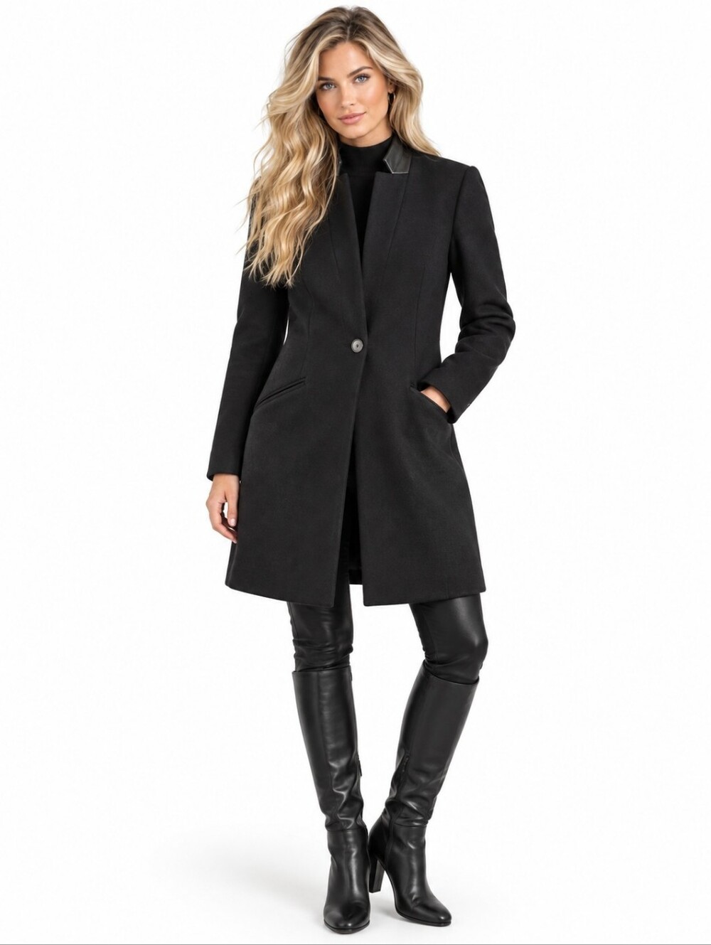 AllSaints Vita Wool Coat Black Virgin Wool Leather Collar US 8 EUC